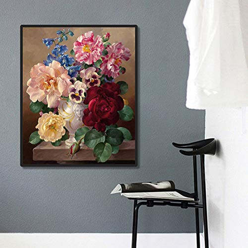 Dontdo - Pintura al óleo pintada a mano con diseño de flores por números, para decoración del hogar, sin marco, algodón, lino, 1#, talla única