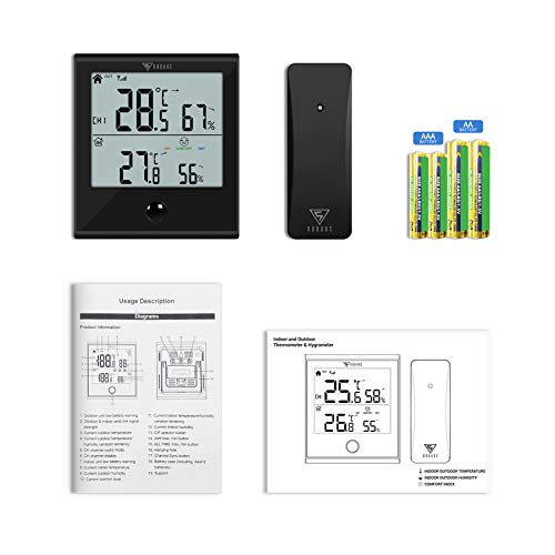 DOQAUS Termómetro Higrómetro Digital para Interior y Exterior, Medidor de Temperatura y Humedad con Sensor Inalámbrico Remoto para Habitación o al Aire Libre(Negro)