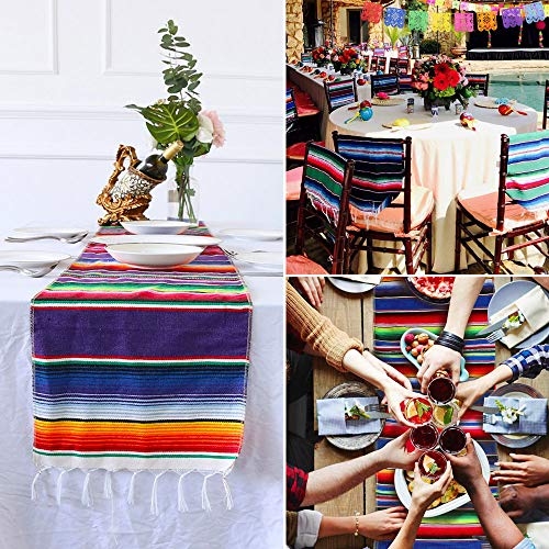 Dreamtop - Camino de mesa mexicano (2 unidades, 35,6 x 213,4 cm, algodón con flecos coloridos, 8 colores, 16 pzas, banderines de fiesta, para fiestas mexicanas, bodas, cocinas al aire libre)