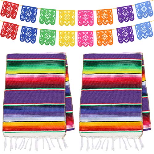 Dreamtop - Camino de mesa mexicano (2 unidades, 35,6 x 213,4 cm, algodón con flecos coloridos, 8 colores, 16 pzas, banderines de fiesta, para fiestas mexicanas, bodas, cocinas al aire libre)