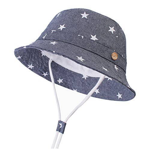 DRESHOW - Gorro para bebé para protegerlo del sol, unisex, con correa para la barbilla, UPF 50+ Azul Star Denim 12-24 Meses