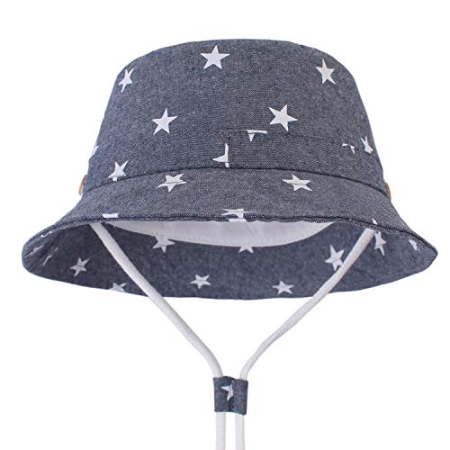 DRESHOW - Gorro para bebé para protegerlo del sol, unisex, con correa para la barbilla, UPF 50+ Azul Star Denim 12-24 Meses