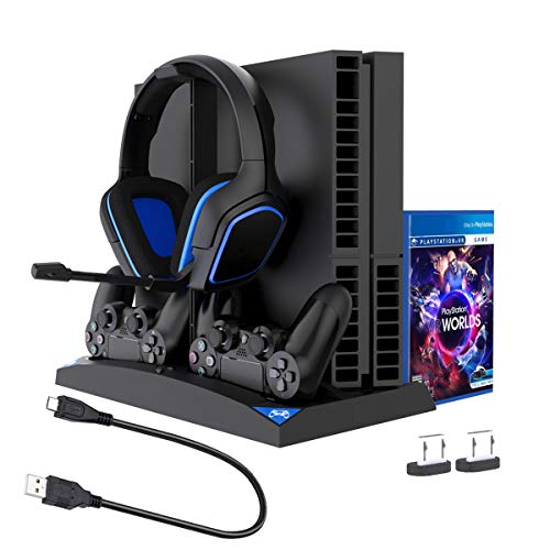 DSHI Soporte Vertical 6 en 1 para PS4 / PS4 Pro / PS4 Slim, Ventiladores de enfriamiento silenciosos de Alta Velocidad, la Consola se Ajusta Perfectamente, con Dos Puertos de Carga del Controlador