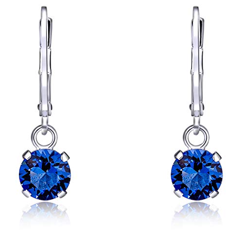 DTP Silver - Pendientes de plata en forma redonda - Plata de Ley 925 con Cristal Swarovsky de color: Azul/Zafiro - Diámetro 6 mm