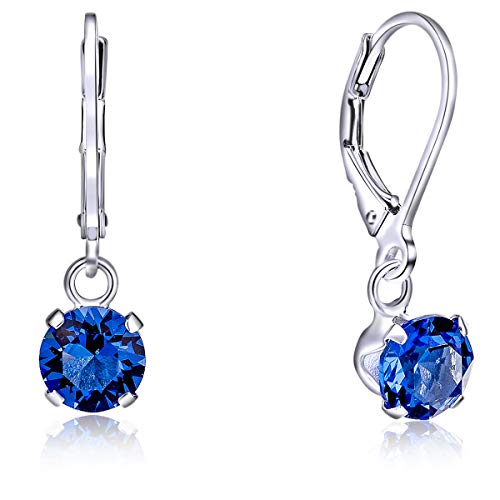 DTP Silver - Pendientes de plata en forma redonda - Plata de Ley 925 con Cristal Swarovsky de color: Azul/Zafiro - Diámetro 6 mm