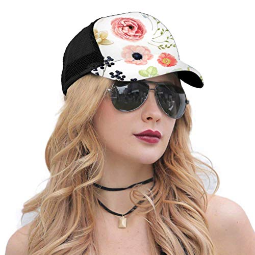 DUKAI Gorra de béisbol Hombres Mujeres, Colección Vector Flores Ranunculus Anémona Suculenta Ajustable Trucker Mesh Summer Vented Baseball Sun Cap Hat Sombrero Gorras de béisbol para Hombre