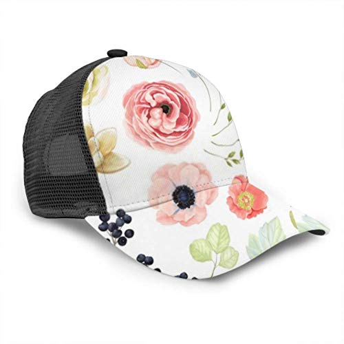 DUKAI Gorra de béisbol Hombres Mujeres, Colección Vector Flores Ranunculus Anémona Suculenta Ajustable Trucker Mesh Summer Vented Baseball Sun Cap Hat Sombrero Gorras de béisbol para Hombre