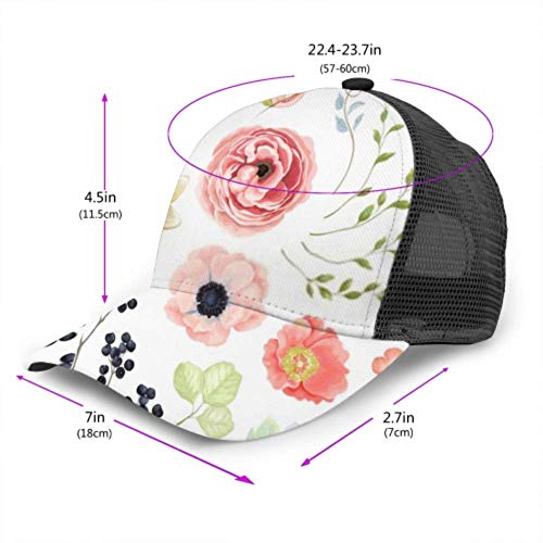 DUKAI Gorra de béisbol Hombres Mujeres, Colección Vector Flores Ranunculus Anémona Suculenta Ajustable Trucker Mesh Summer Vented Baseball Sun Cap Hat Sombrero Gorras de béisbol para Hombre