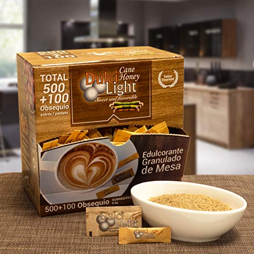 DULCI LIGHT DULCE Y FAVORABLE MIEL DE CAÑA MORENO EDULCORANTE GRANULADO NATURAL de azúcar de caña integral con el sabor del azúcar Moreno integral o panela 500+100 TOTAL 600 Sobres