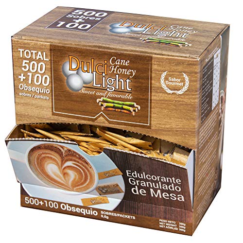 DULCI LIGHT DULCE Y FAVORABLE MIEL DE CAÑA MORENO EDULCORANTE GRANULADO NATURAL de azúcar de caña integral con el sabor del azúcar Moreno integral o panela 500+100 TOTAL 600 Sobres