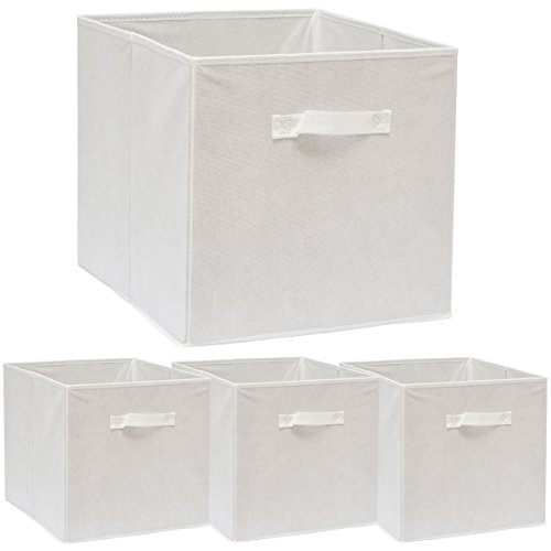 DuneDesign Set de 4 Cajas de Almacenaje 33x38x33cm Cestas de Almacenamiento Plegables Cestos con 2 Asas de Tela Blanco