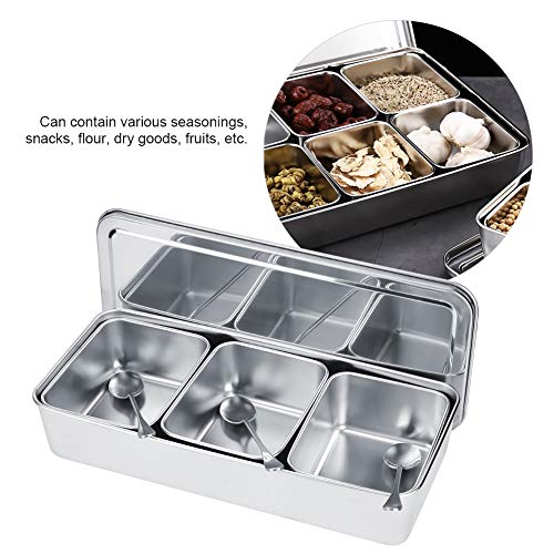 Duokon Caja de condimentos, Juego de recipientes de Especias de 3 Rejillas para el hogar Caja de condimentos de Acero Inoxidable Frasco de Almacenamiento de condimentos con Tapa para cucharas