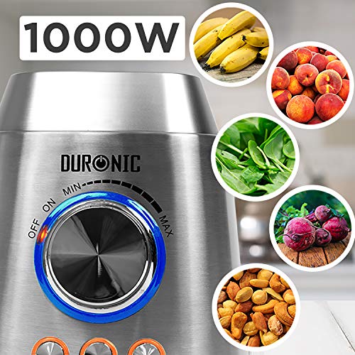 Duronic BL102 Batidora de Vaso de 1000W de Acero Inoxidable con 3 Prefunciones para Batidos, Smoothies, Gazpacho y Picar Hielo con una Jarra de cristal de 1,5 L