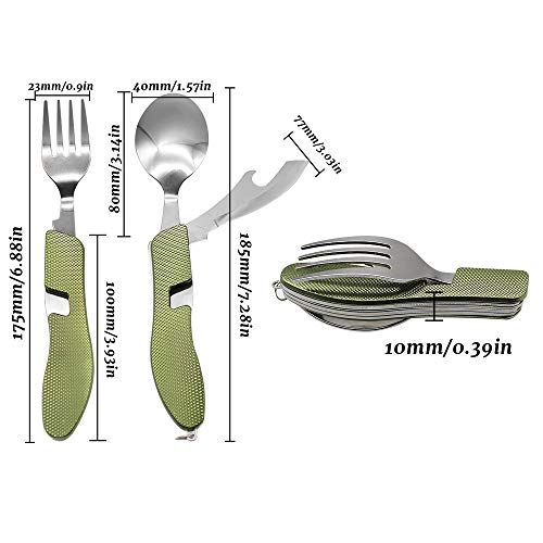 Dylan-EU Multifuncional Cubiertos Plegables 4 en 1 Cubiertos de Camping Cubiertos Vajilla Plegable de Acero Inoxidable Vajilla Desmontable de Verde Incluye Tenedor, Cuchara y Abridor