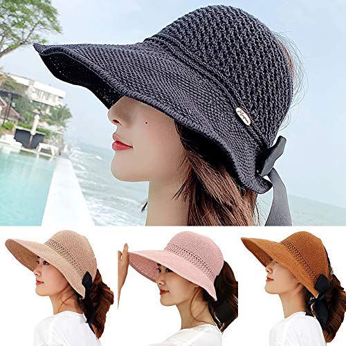 E-House - Sombrero popular plegable de ala ancha con visera hueca y lazo para mujer, color rosa Caramel