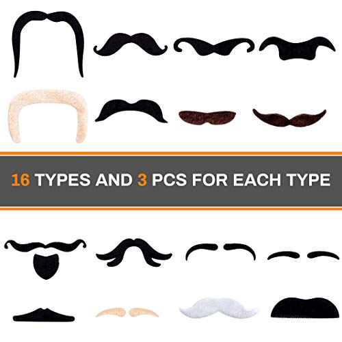 E-More 48 Piezas de Bigotes Falsos, Bigotes Autoadhesivos Surtidos para Halloween Traje Máscara Navidad