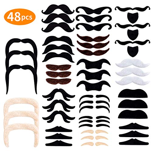 E-More 48 Piezas de Bigotes Falsos, Bigotes Autoadhesivos Surtidos para Halloween Traje Máscara Navidad