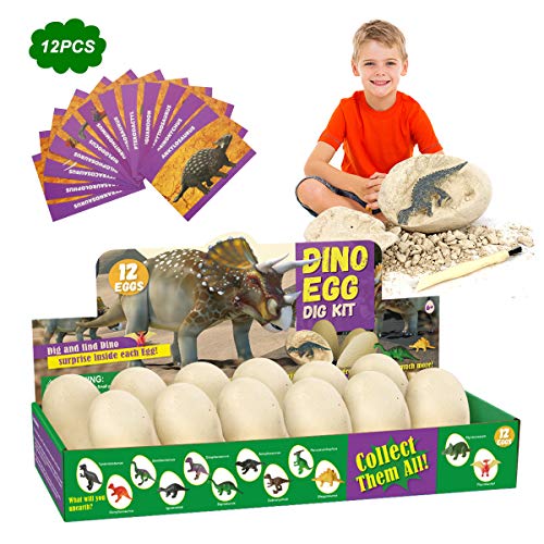 E-More Huevos de Dinosaurio de Kit de Excavación Paquete de 12, Descubre 12 Dinosaurios Diferentes, Fiesta de Pascua de Juguete Stem Juguetes Educativos para Niños de 6+ Años Regalo de Niños Niñas