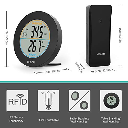 E-More Termómetro Digital para Interiores y Exteriores, termómetro inalámbrico con Pantalla LCD, Monitor de Temperatura con Sensor Remoto para Exteriores, Interruptor ℃ / ℉