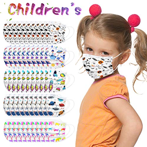 Earleye0 50 Piezas Niños Protección Desechable para Impresión linda 3 Capas Transpirables con Elástico para Los Oídos （Mezcla de colores）