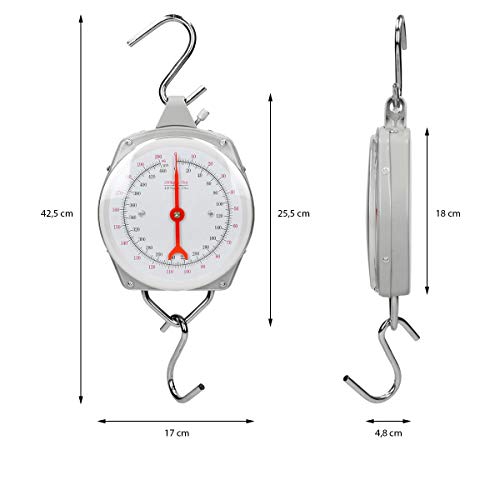 ECD Germany Báscula colgante analogica - Máx. Peso 200 kg - incl. 2 Ganchos en S doble pantalla kg/lbs escala de grúa equipaje portátil báscula de viaje cocina colgante balanza escala analógica