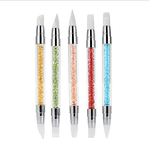 Ecloud Shop® 5pcs de silicona de doble cabeza de arte del clavo que talla la pluma artesanal que talla la pluma de dibujo conjunto con mango de diamantes de imitación