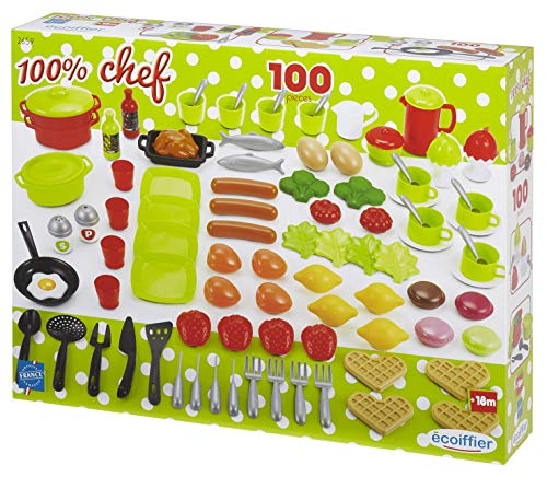 Écoiffier Jouets 2659 - Estuche de Cena 100% Chef Multicolor - Vajilla, Utensilios de Cocina y Alimentos - 100 Piezas - A Partir de 18 Meses - Fabricado en Francia