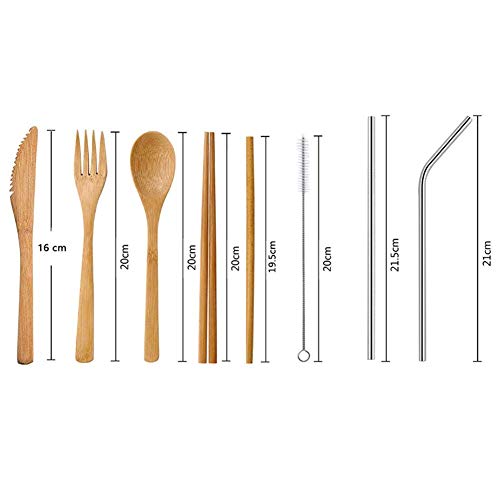 Ecológico Reutilizable Bambú Cubiertos Set,Portátil Madera Cubertería Ideal para Viaje,Fiambrera,Camping | Tenedor,Cuchara,Cuchillo,Palillos,Paja,Limpieza,Cepillo Dientes y Funda de Transporte