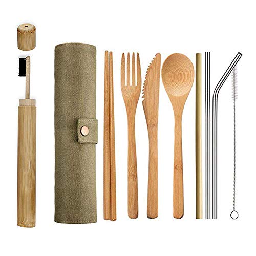 Ecológico Reutilizable Bambú Cubiertos Set,Portátil Madera Cubertería Ideal para Viaje,Fiambrera,Camping | Tenedor,Cuchara,Cuchillo,Palillos,Paja,Limpieza,Cepillo Dientes y Funda de Transporte