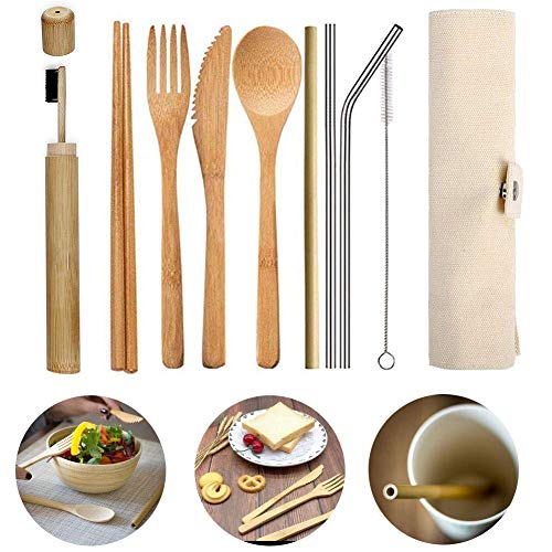 Ecológico Reutilizable Bambú Cubiertos Set,Portátil Madera Cubertería Ideal para Viaje,Fiambrera,Camping | Tenedor,Cuchara,Cuchillo,Palillos,Paja,Limpieza,Cepillo Dientes y Funda de Transporte