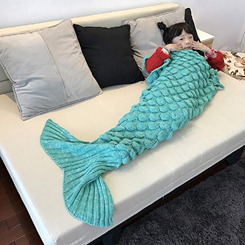 eCrazyBaby Hecho a Mano de Punto Manta de Cola de Sirena, Todas Las Estaciones cálido sofá Cama Sala de Estar Manta para niños, Patrón de Fish-Escalas, 140 x 70 cm, Verde