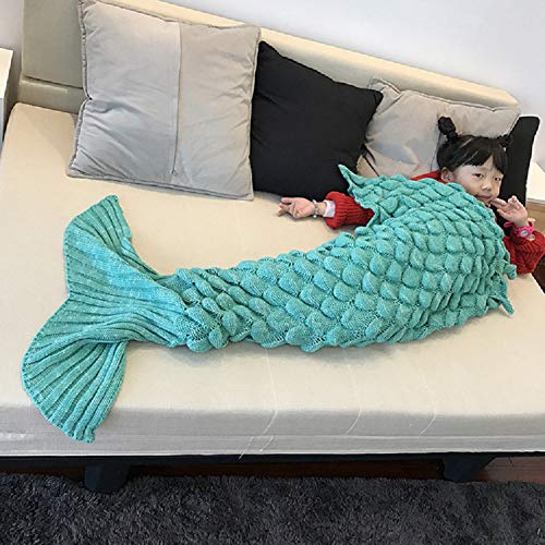 eCrazyBaby Hecho a Mano de Punto Manta de Cola de Sirena, Todas Las Estaciones cálido sofá Cama Sala de Estar Manta para niños, Patrón de Fish-Escalas, 140 x 70 cm, Verde