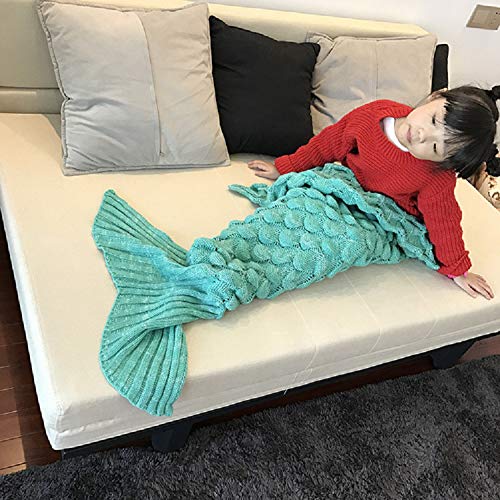 eCrazyBaby Hecho a Mano de Punto Manta de Cola de Sirena, Todas Las Estaciones cálido sofá Cama Sala de Estar Manta para niños, Patrón de Fish-Escalas, 140 x 70 cm, Verde