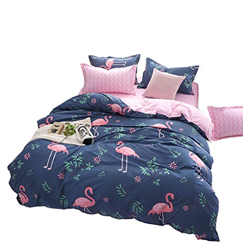 ED-Lumos Juego de Ropa de Cama ４Piezas para Cama 105cm Funda nórdica 180x220cm Sábana encimera 230x230cm Funda de Almohada 48x74cm Poliéster Modelo Flamenco Color Azul Oscuro