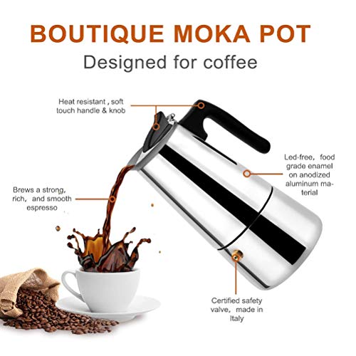 EEX Cafetera Italiana, Cafetera Moka Espressos en Acero Inoxidable 430, Conveniente para la Estufas de Gas,Cafetera Moka Clásica, Uso Doméstico y en la Oficina (Nota:1 Taza es 50ml)