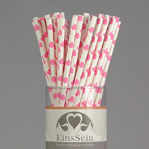 EinsSein 25x Paja de Papel Boda Corazón L 19,5cm Rosa pajitas Fiesta Rosas Desechables Pajita de Oro Comestible Rayas plastico Aluminio cañitas biodegradables Platos comestibles Boda Bodas Colores