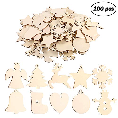 EKKONG 100 Colgantes de Madera para Navidad, Ornamentos de Navidad,Adornos de Navidad Madera, Colgantes de Madera para Árbol para Navidad, Fiesta (100 pcs)