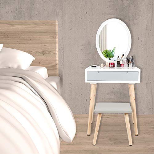 eklipt - Tocador de Maquillaje, Espejo de Mesa de cosméticos Vanity tocador, Mueble de Maquillaje de Dormitorio, con Taburete con Espejo LED, Blanco, 1 cajón