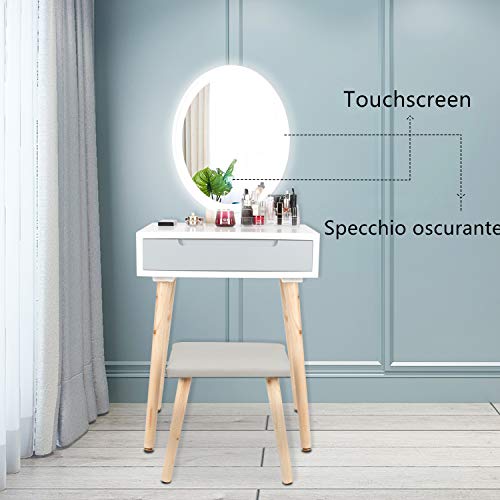 eklipt - Tocador de Maquillaje, Espejo de Mesa de cosméticos Vanity tocador, Mueble de Maquillaje de Dormitorio, con Taburete con Espejo LED, Blanco, 1 cajón