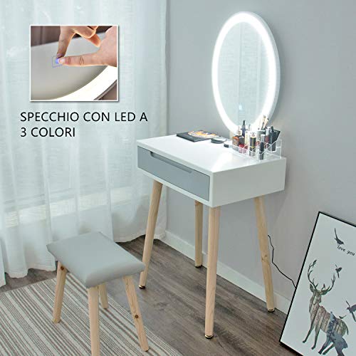 eklipt - Tocador de Maquillaje, Espejo de Mesa de cosméticos Vanity tocador, Mueble de Maquillaje de Dormitorio, con Taburete con Espejo LED, Blanco, 1 cajón