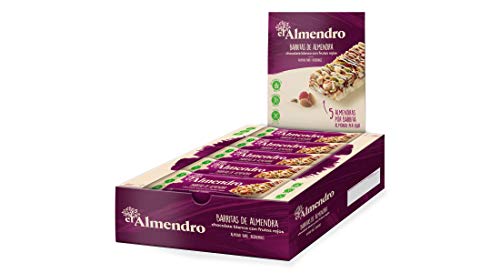 El Almendro - Barritas de Almendra, Chocolate Blanco y Frutos Rojos - 10x25 gr - Sin Gluten - Sin Aceite de Palma - Fuente de Fibra