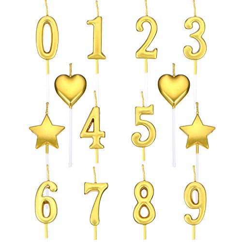El Juego de Velas de Cumpleaños Incluye 10 Piezas Número de Velas Número 0 - 9 Topper de Pastel Con Brillo, 4 Piezas de Velas de Estrellas y 4 Piezas de Velas de Corazón para Fiesta de Cumpleaños