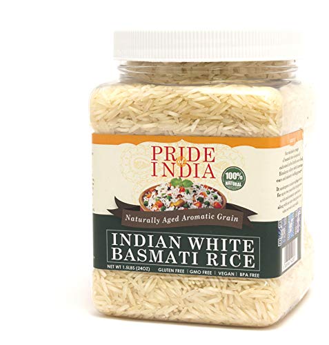 El orgullo de la India - India premium arroz Basmati Blanco - 1,5 libras (680 g) Jar - Granos único, extra larga, delgada y no pegajosa y de nuez: se utilizan para hacer Biryanis, Pilaf, budines, etc.