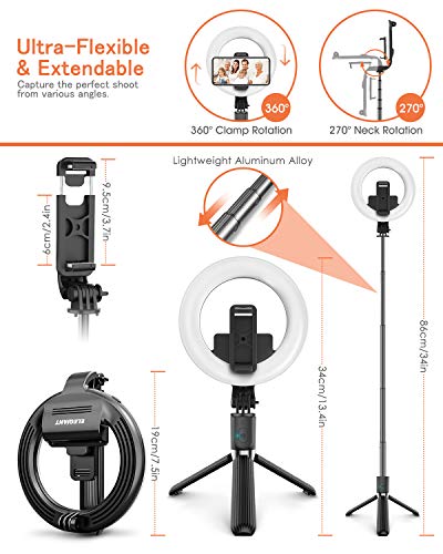 ELEGIANT Palo Selfie Trípode, Selfie Stick con Anillo de luz LED para Fotografía con Control Remoto Bluetooth para Cámara Deportiva, Móvil, Gopro, Sirve para Youtube Maquillaje, Aro de luz Ajustable