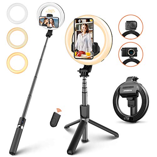 ELEGIANT Palo Selfie Trípode, Selfie Stick con Anillo de luz LED para Fotografía con Control Remoto Bluetooth para Cámara Deportiva, Móvil, Gopro, Sirve para Youtube Maquillaje, Aro de luz Ajustable