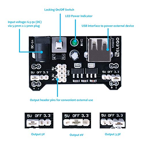 ELEGOO Kit Mejorado de Componentes Electrónicos con Módulo de Alimentación, Placa de Prototipos (Protoboard) de 830 Pines, Cables Puente, Potenciómetro, STM32, Raspberry Pi, Compatible con Arduino IDE