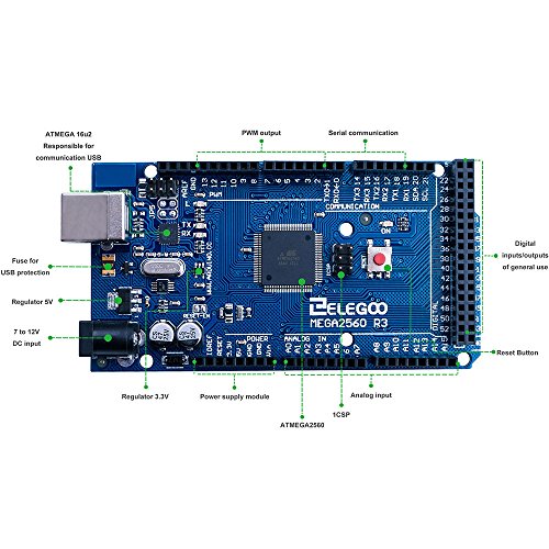 ELEGOO Mega 2560 R3 Tarjeta Placa Compatible con Arduino IDE con Microcontrolador Basada en el ATmega2560 ATmega16U2 con USB Cable Azul Versión Mega Kit