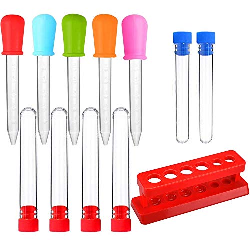 EMAGEREN Goteros Líquidos Pipeta 5ml Goteros de Silicona 6pcs Tubo de Ensayo de Plastico Probetas con Tapon Tubo de Ensayo con Soporte Experimentos Creativos para Niños Fabricación de Gomita(Total 12)