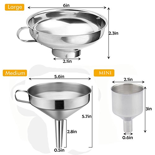 Embudos de Cocina, Abimars Juego de Filtros de Embudo de Acero Inoxidable 3 Piezas con Mango y Colador Desmontable para Filtrar Especias, Líquidos, Polvos, etc.