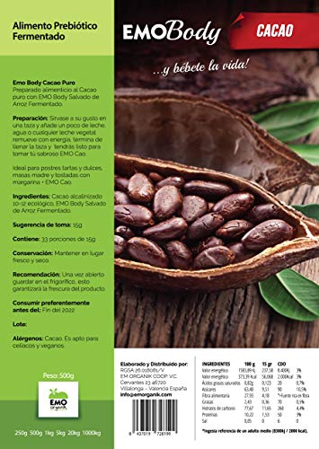 EMO Body - Cacao Puro Ecológico en Polvo con Fermentos Naturales - 500 g - 100% Natural - Alimento Prebiótico Fermentado - Bajo en Grasa - Apto para Veganos